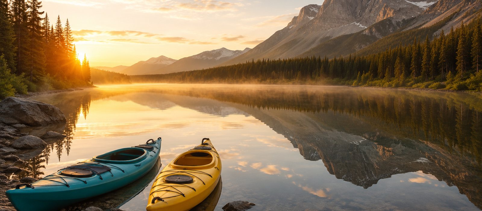 Kayaks on a calm lake at sunrise